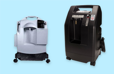 white and black Portable Oxygen concentrators on a light blue background