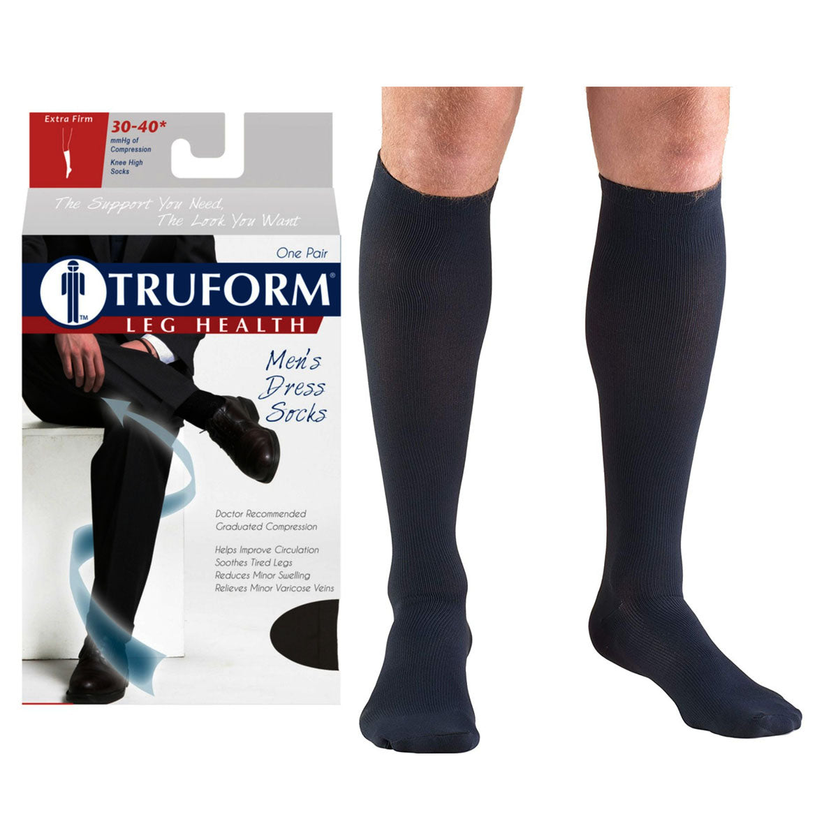 Truform Men's Dress Knee High Support Sock, 30-40 mmHg, Closed Toe, Navy,  Small